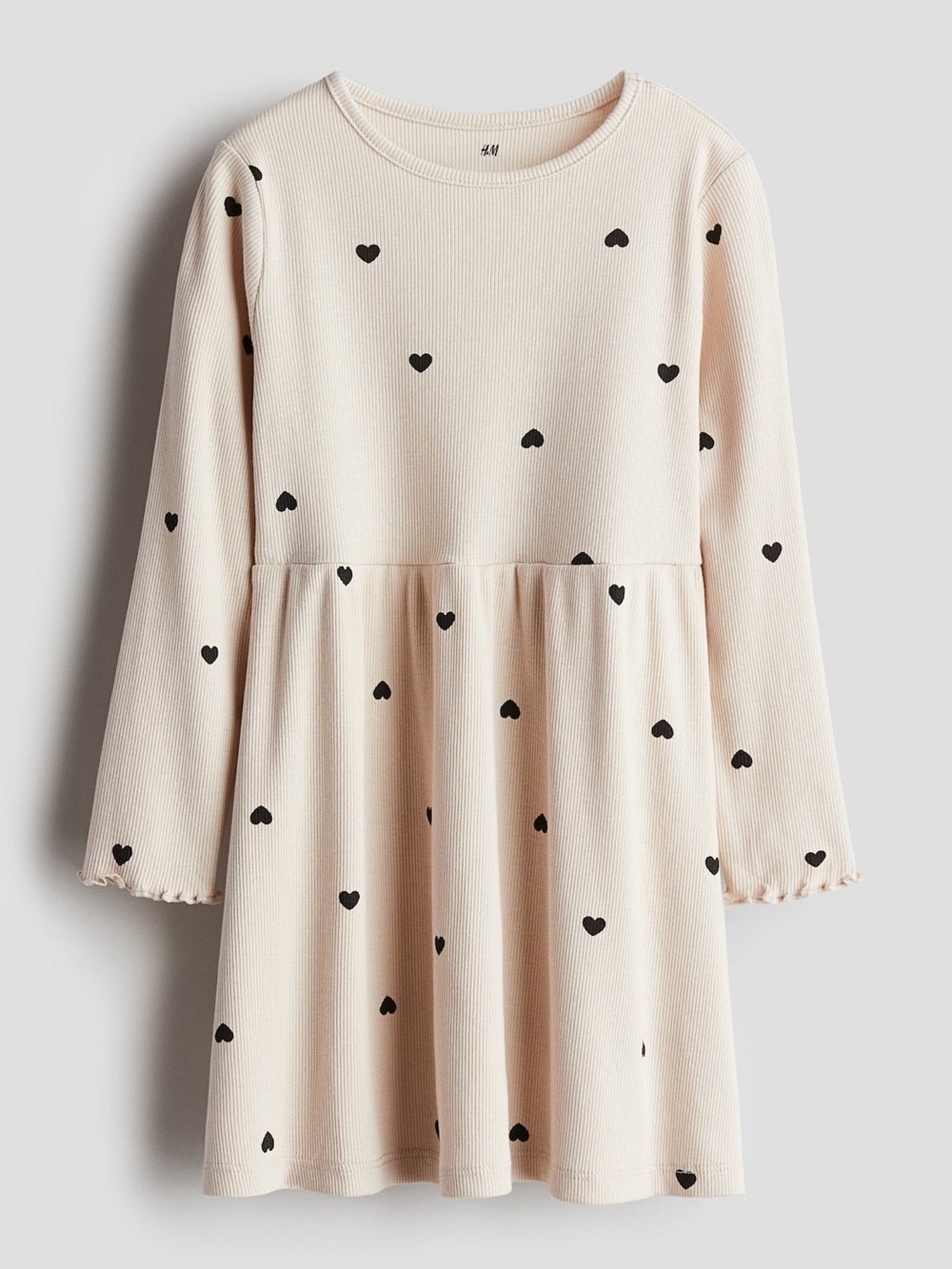 H&M Cream Long-Sleeve Dress with Black Heart Print